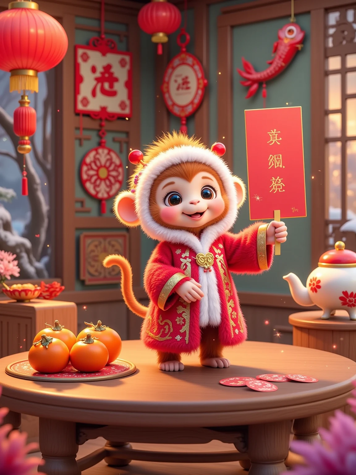 (Cute little monkey), (wearing a red and white traditional Chinese costume with plush trim), standing on a round Chinese wooden table. The little monkey had a bright smile on his face and held up a big red letter with both hands. There are several orange persimmons placed on the wooden table. There are some red stickers and red paper boxes with words scattered around the persimmons. Next to it is a red and white ceramic tea set. In the background, there are red lanterns and Chinese knots hanging on the wooden wall, and two red fish-shaped hangings hang on the wall. Outside the window is a scene of falling snow, and you can vaguely see the snow outside through the window. The whole picture is full of a warm and festive Chinese New Year atmosphere. The colors are mainly red and warm yellow, and the details are rich and exquisite.