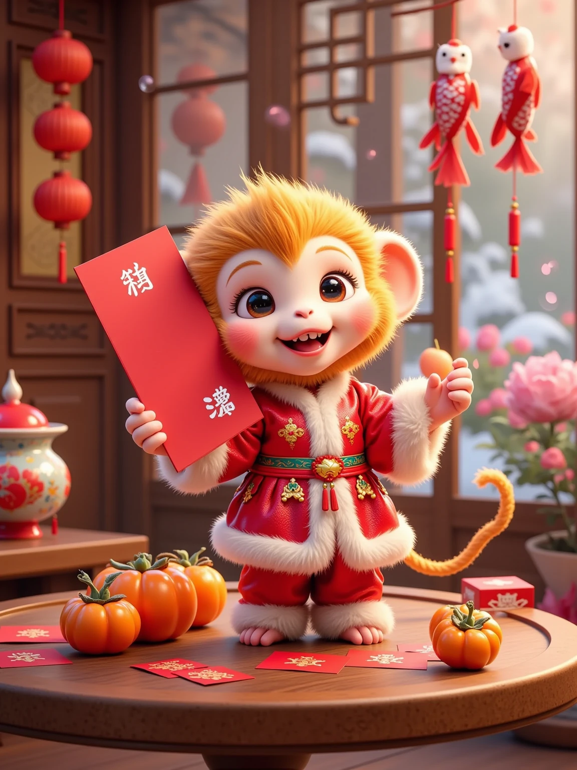 (Cute little monkey), (wearing a red and white traditional Chinese costume with plush trim), standing on a round Chinese wooden table. The little monkey had a bright smile on his face and held up a big red letter with both hands. There are several orange persimmons placed on the wooden table. There are some red stickers and red paper boxes with words scattered around the persimmons. Next to it is a red and white ceramic tea set. In the background, there are red lanterns and Chinese knots hanging on the wooden wall, and two red fish-shaped hangings hang on the wall. Outside the window is a scene of falling snow, and you can vaguely see the snow outside through the window. The whole picture is full of a warm and festive Chinese New Year atmosphere. The colors are mainly red and warm yellow, and the details are rich and exquisite.