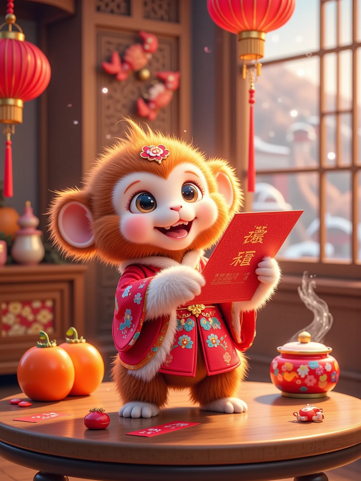 (Cute little monkey), (wearing a red and white traditional Chinese costume with plush trim), standing on a round Chinese wooden table. The little monkey had a bright smile on his face and held up a big red letter with both hands. There are several orange persimmons placed on the wooden table. There are some red stickers and red paper boxes with words scattered around the persimmons. Next to it is a red and white ceramic tea set. In the background, there are red lanterns and Chinese knots hanging on the wooden wall, and two red fish-shaped hangings hang on the wall. Outside the window is a scene of falling snow, and you can vaguely see the snow outside through the window. The whole picture is full of a warm and festive Chinese New Year atmosphere. The colors are mainly red and warm yellow, and the details are rich and exquisite.