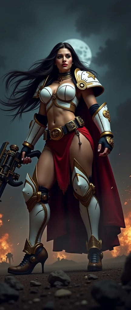 Full body pose sexy sisters of battle from the warhammer 40k, shooting at the enemy, white armor with intricate details, red armor with intricate details, religous symbols on the armor, sisters of battle, warhammer 40k, Massive silicone breast, pale skin, seductive, temptation, eat your soul, clevage, long flowing black hair with purple highlights, heavy gothic makeup, at night, neon, beautiful detailed eyes, beautiful detailed lips, extremely detailed eyes and face, long eyelashes, highly detailed armor, intricate futuristic weaponry, dramatic lighting, cinematic composition, muted color palette, gritty and realistic, mecha, science fiction, hyper-detailed, photorealistic, award winning digital art, 8k, HDR, masters work, in the middle of a battle field, full body combat action pose, explosions and fire around, full war, stunning, Stilleto heels, high heels, full body pose, cinematic, movie trailer, final stand!, nemesis, ready to strike, dust and debree, combat screams, attacking, shooting at the enemy, running forward, last line of defense, charging, fanatic, religious, templar knights, sisters of battle, warhammer 40k