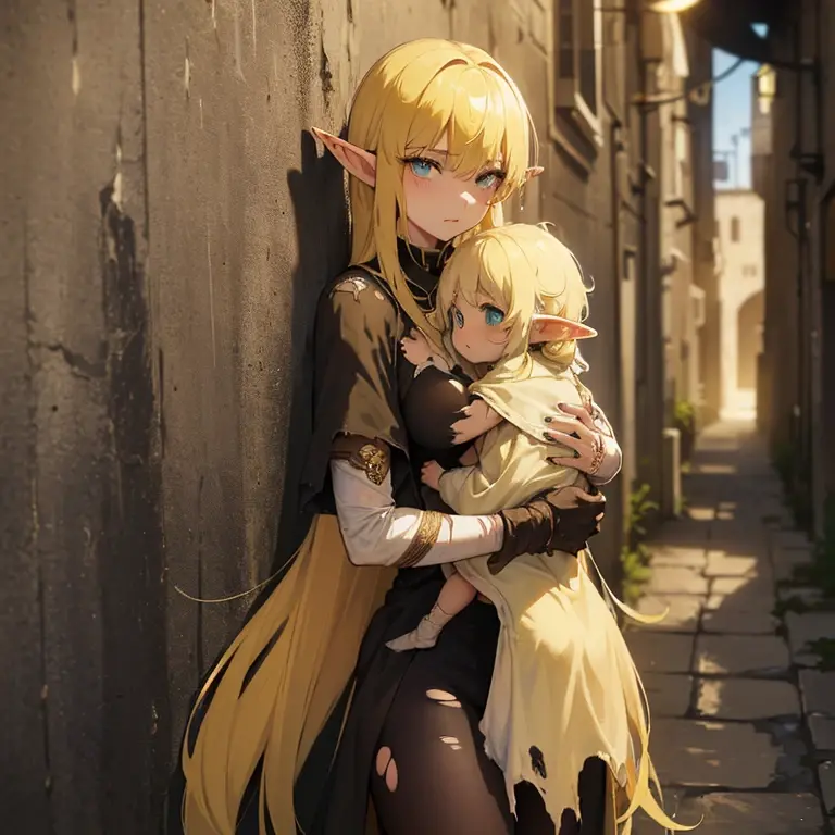 ((1 elf woman with a child on her lap)),((wearing torn rags and dirty clothes)),((long light yellow hair)), big breasts, dirty face and tirsti,((leaning against the wall, in a wet alley in a medieval city))