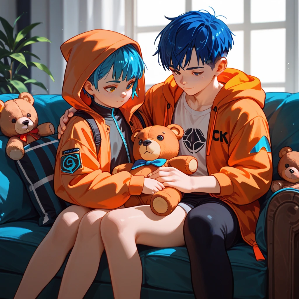 "A young boy with bright blue hair , pixie cut , bright skin, and the soft expression , wearing future clothing. Orange hood .  The boy sitting.  The background is plain black , holding teddy bear , gives full focus to the character of the boy ."