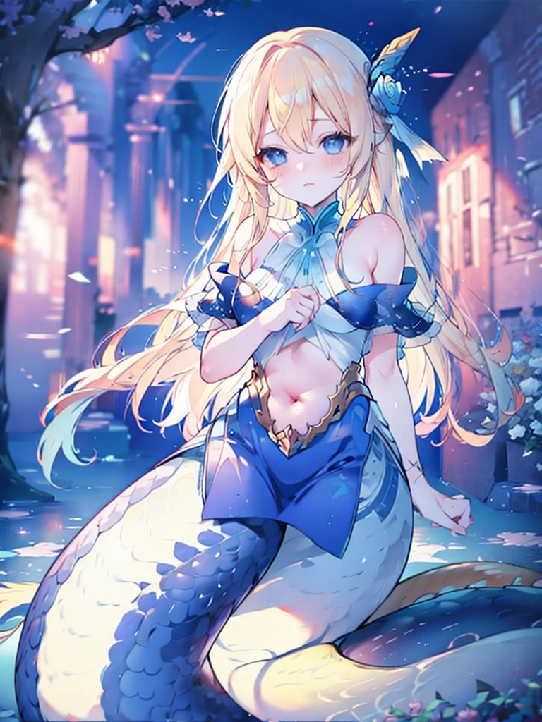 masterpiece,  top quality , girl ,Lamia, long blond hair , blue eyes,Idol,Idol服, full body shot ,Charming脸, Oval Face(Cute, Charming, soft), Lake at dawn