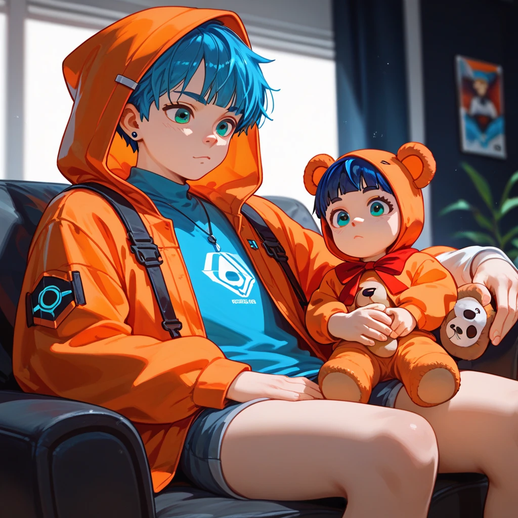 "A young boy with bright blue hair , pixie cut , bright skin, and the soft expression , wearing future clothing. Orange hood .  The boy sitting.  The background is plain black , holding teddy bear , gives full focus to the character of the boy ."