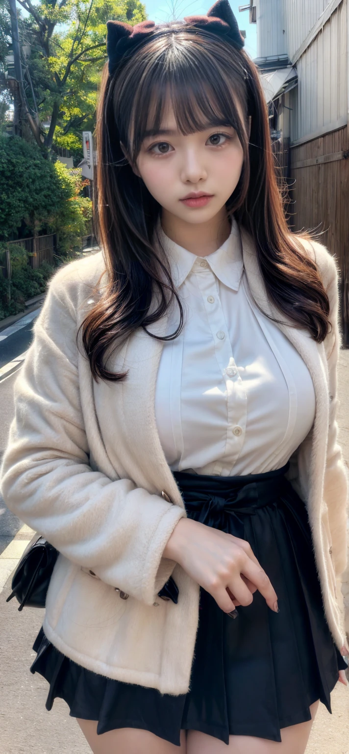 Japanese ID, Mature Woman, ((Chubby round face around 40 years old)), Glasses, Wavy black hair with no bangs, Medium Long Hair, ponytail, Flashy makeup, Fuller lips, Sexy Gaze, uniform, ((dressing)), looking at the camera, Low angle shooting, Cute duck lips,((Very accurate and correct ???????)),  (masterpiece:1.3), Perfect proportions, Realistic photos, Full Shot, whole body, (height: 148cm), High heels