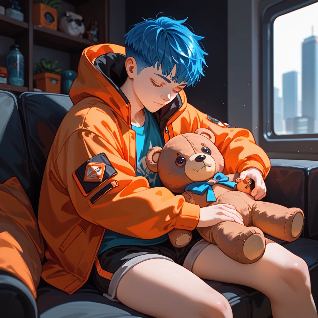 "A young boy with bright blue hair , pixie cut , bright skin, and the soft expression , wearing future clothing. Orange hood .  The boy sitting.  The background is plain black , holding teddy bear , gives full focus to the character of the boy ."