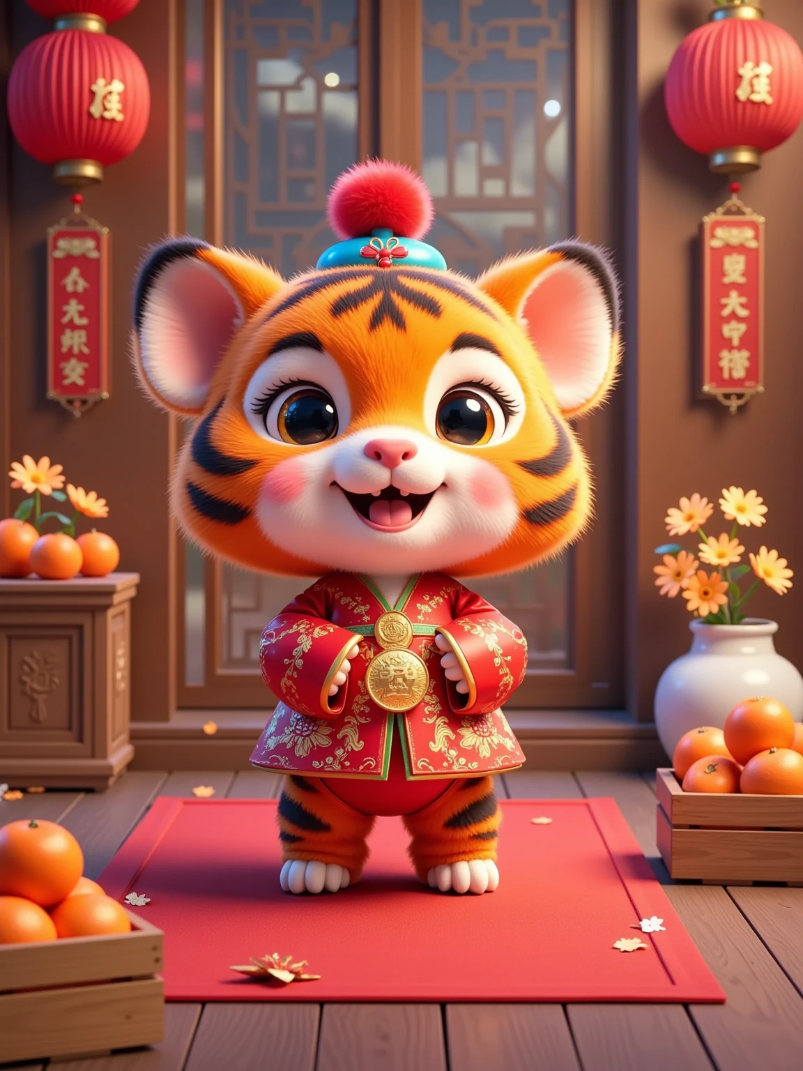 Cute, (little tiger), (orange fur, (black stripes), (wearing a red and blue hat with a blue pompom on the top). The little tiger has a bright smile and red cheeks. He is wearing a red traditional costume with gold patterns and a red sticker on his chest. The little tiger is standing indoors, with a red mat under his feet and red stickers scattered around. There is a wooden box with oranges and a small gold ingot on the left, and a wooden box with oranges and a white vase with yellow flowers on the right. The background is wooden doors and windows, with red lanterns and pepper strings hung on the doors and windows. There are words on the lanterns, and outside the window. The outline of the building is vaguely visible, and the overall color scheme is mainly red and gold, full of festive New Year atmosphere