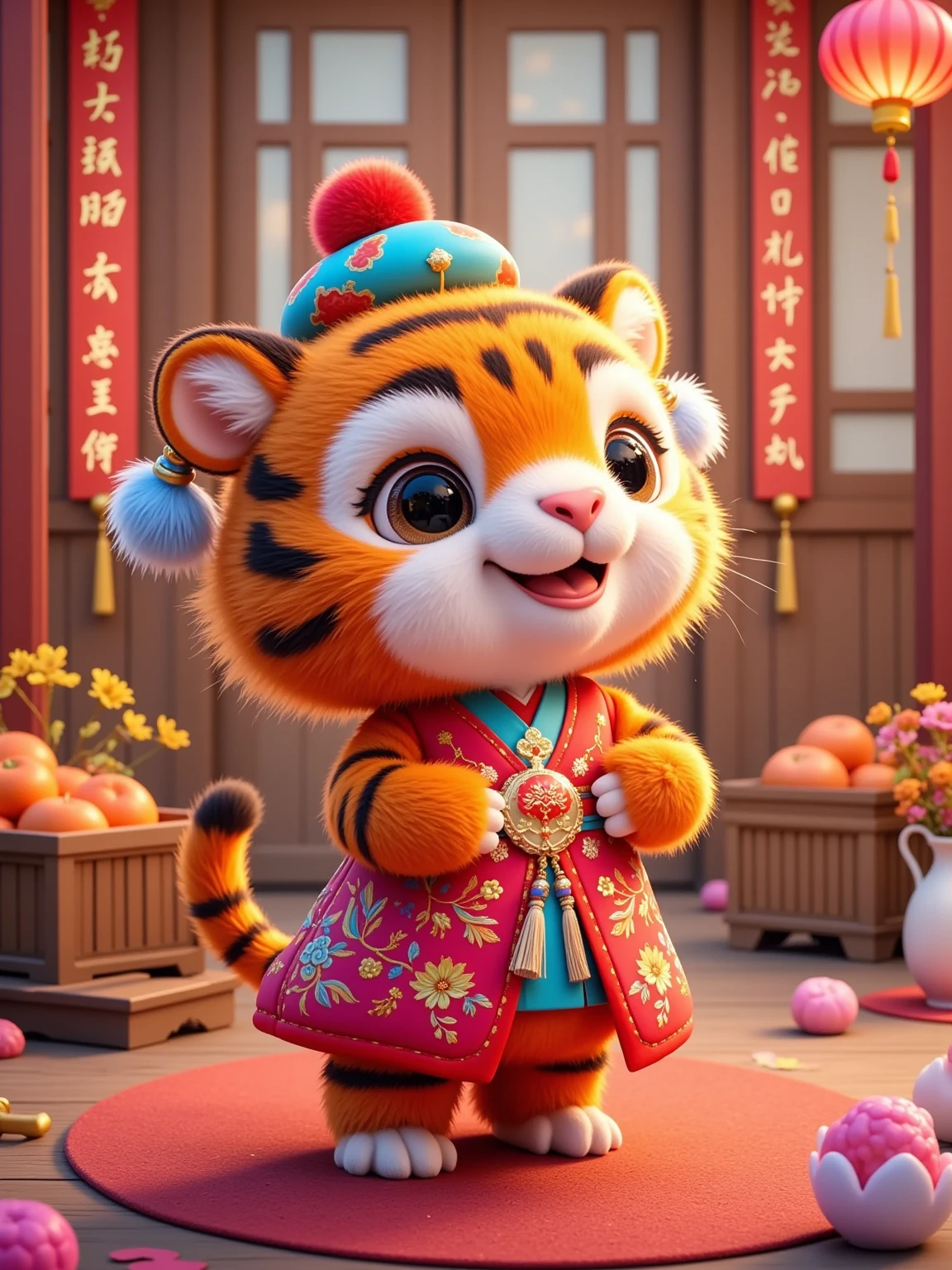 Cute, (little tiger), (orange fur, (black stripes), (wearing a red and blue hat with a blue pompom on the top). The little tiger has a bright smile and red cheeks. He is wearing a red traditional costume with gold patterns and a red sticker on his chest. The little tiger is standing indoors, with a red mat under his feet and red stickers scattered around. There is a wooden box with oranges and a small gold ingot on the left, and a wooden box with oranges and a white vase with yellow flowers on the right. The background is wooden doors and windows, with red lanterns and pepper strings hung on the doors and windows. There are words on the lanterns, and outside the window. The outline of the building is vaguely visible, and the overall color scheme is mainly red and gold, full of festive New Year atmosphere