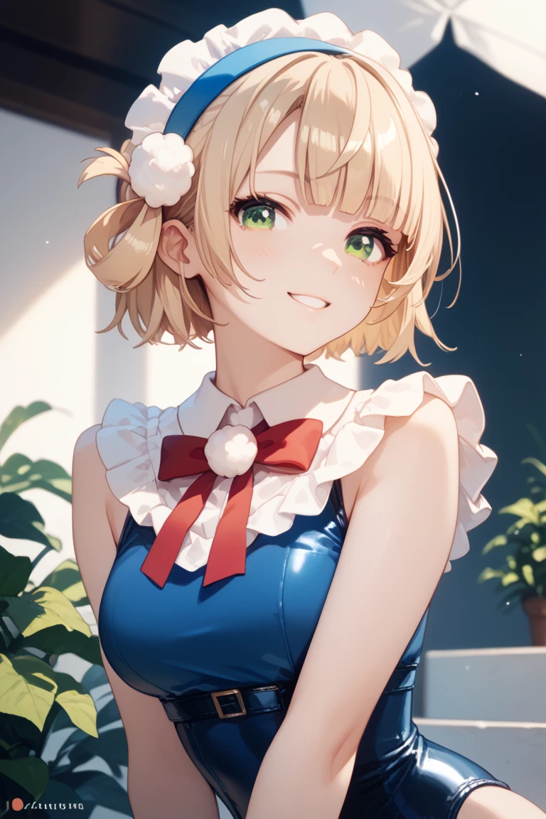 masterpiece, best quality, ultra detailed. 1girl, solo. nsfw. shigure ui (vtuber) (1st costume),1 girl,short hair,blonde hair,hair rings,green eyes, leotard