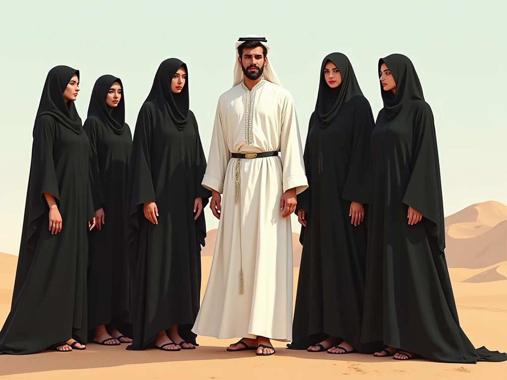 An Arab sheikh between two women in burqas