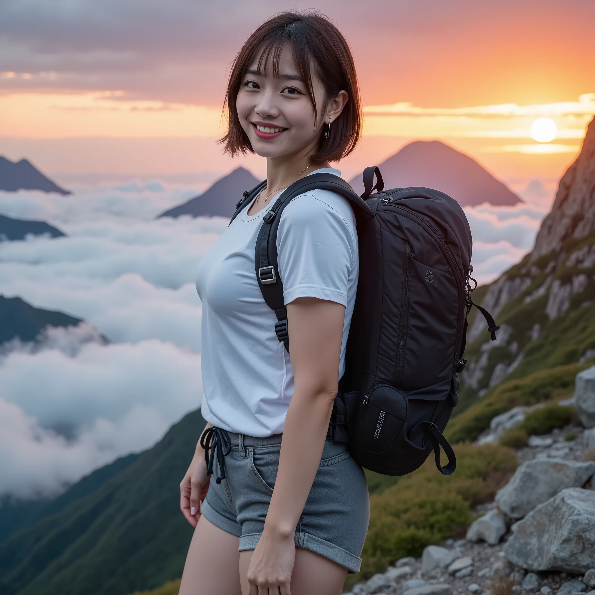 『 1 Japanese girl:1.3』『 real photos:1.3』 top quality :1.2、(( big breasts))、 showing off her teeth 、(( young woman))、(( has red cheeks))『 smiling :1.9』、((( anatomically correct、 perfect anatomy、 anatomically correct指)))、 realistic, top quality , Super high resolution, RAW photos, (Curvy body)、
top quality , masterpiece, Super high resolution, ( realistic:1.3), RAW photos, ( natural landscape photography ), ( majestic mountain , Sea of clouds ), (The top of a very high mountain), (sunset),
( one girl), ( upper body), (20 years old), (smile:0.9), ( Shiny Skin), ( shorthair , dark brown hair ),
( white t-shirt ), ( trekking shorts ), ( At the top of 、 Please carry a big backpack),
( super detailed face), (Very beautiful poop), ( High Detail Eye ), ( very detailed nose), (Highly detailed eyes), ( very skilled hands), (Ultra detailed body), Sony a7, 85mm lens, f9.0, Pan Focus