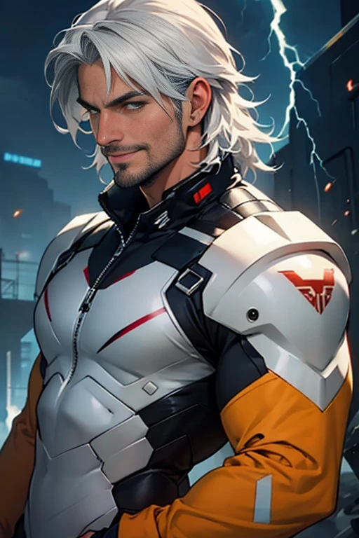 Muscular, Male, buttoned white shirt, large chest, sitting, handsome, angle shot, close up, Cyberpunk, Cyberpunk 2077