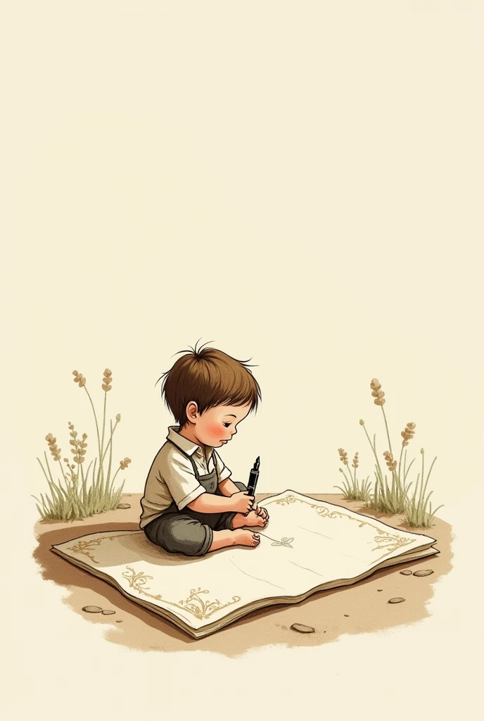 It looks like a poorly drawn sketch of a boy drawing in pencil, with less detail, as if it were done by an amateur.