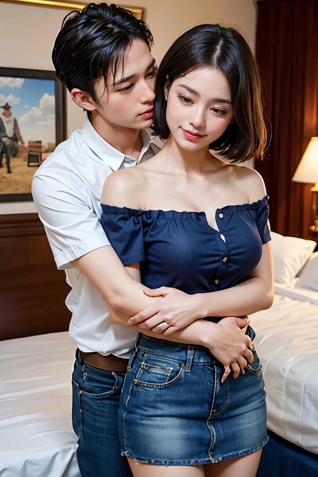 (8k,RAW Photos、RAW Photos、highest quality、Masterpiece:1.2)、Very detailed、Super Resolution、(Photorealistic:1.3)、((Cowboy photographed from the front:1.4))、Clear depiction of light and shadow、High-resolution RAW color photos、Professional photos、((Hotel Bedroom:1.4))、((A man hugs a woman from behind:1.4))、Draw faithfully to anatomy..、Very detailed and beautiful、super high quality、((Girl with short cut hair:1.4))、beautiful girl、((A woman wearing a white short-sleeved shirt with a white collar:1.4))、((A woman is wearing a denim miniskirt:1.4))、Upper Body、((Men with short black hair:1.5))、((White dress shirt for men:1.4))、((Smiling woman:1.4))、((The two embraced, Deep kiss, And say goodbye.:1.4))