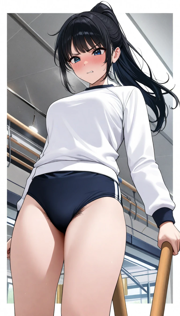 1girl, ,testicles,black hair,brown eyes,,one-piece swimsuit,in bedroom, ,smile,school swimsuit,twin tail,flat creast,blush, half-closed eyes,rolling eye,blush,sweat,heavy breathing,dildo in hand,