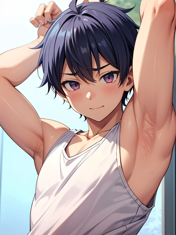 Highres, Masterpiece, Best quality at best,Best Quality,hight quality, hight detailed, Anime style, 1boy, Young boy, Shota, Side bangs, Seen from the front, look at viewer, (very young boy), (very small and short body), Age 12, Such a cute smooth armpit, Cute armpit, sexy armpit, The armpits of a 12 year old boy, Adorable little armpits, seductive armpits, showing armpit, hansome boy, Uhd, 4k wallpaper