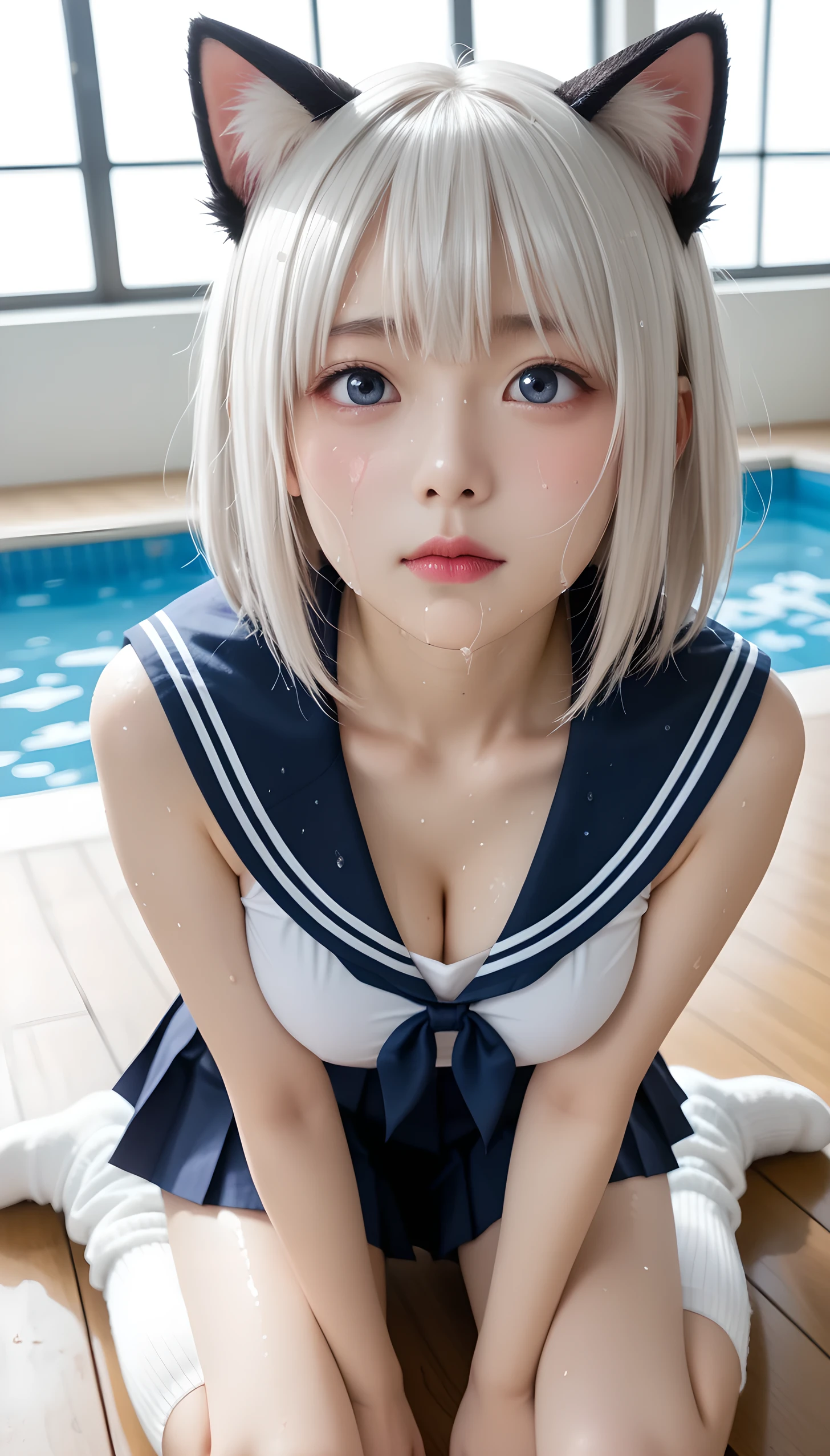  wet、masterpiece 、  top quality  、 Super high resolution、 realistic、 beautiful lighting arranged in an orderly manner、  RAW photos 、4K Ultra HD、  super detailed face、Clear Face、1080P、Detailed eye、 beautiful eyes、 ecstatic face、( Half Open Eyes )、 with blue eyes 、Silver-white hair、 horny 、 young gravure idol who lost weight、cat ears、 white gloves、(((Busty Body、Separated Breasts 、 tight breasts)))、((( viewersに近づけるようにお口を持っていきます)))、(((wet Japanese elementary school girl 、  navy sailor color 、 with both shoulders out 、Fluttering skirt、 wet pleated skirt 、 Loose Socks 、Wear black shorts)))、Japanese female elementary school students wearing school swimsuits 、((Inside a small pool 、Bring your face close while staring at the audience)) break (  messy bun  ,  Hindi hair  , ) break ((( EXTREME FACE UP SHOT ,  viewers, the above ))), ((  a woman places her hand on her crotch 、Kneel))、( perfect anatomy)、 break ((Upper eyelid))、((( midi skirt)))、 thin beautiful thighs 、 beautifully manicured hair 、 oily skin 、Five fingers