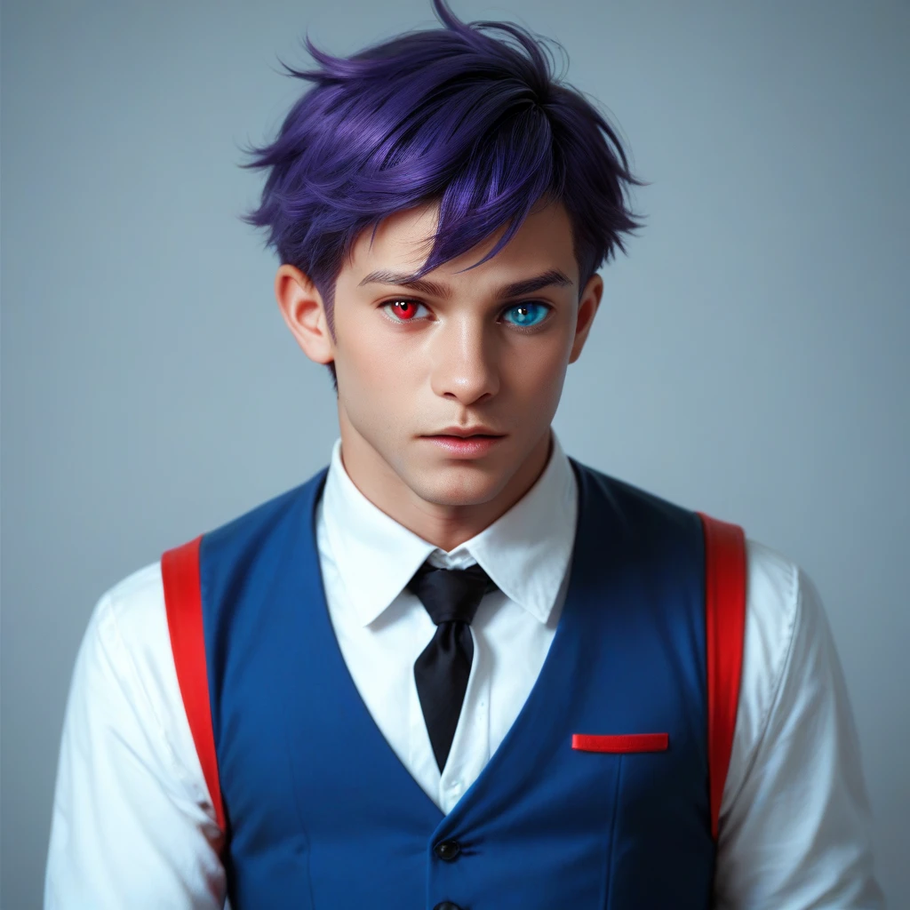 ((((nobackground)))),1boy,standing,  shorthair, dark purple hair, (((heterochromic,red&blue))),vest, blue Clothes,