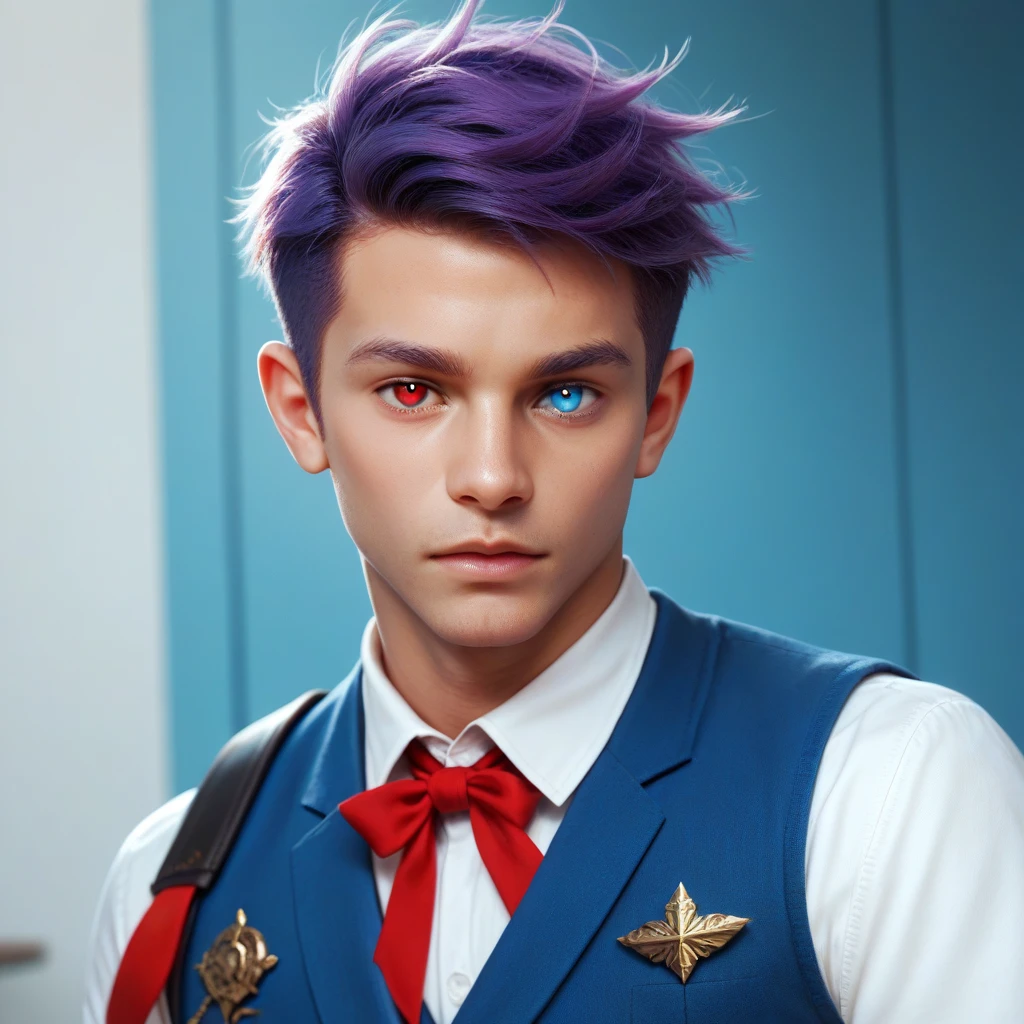 ((((nobackground)))),1boy,standing,  shorthair, dark purple hair, (((heterochromic,red&blue))),vest, blue Clothes,