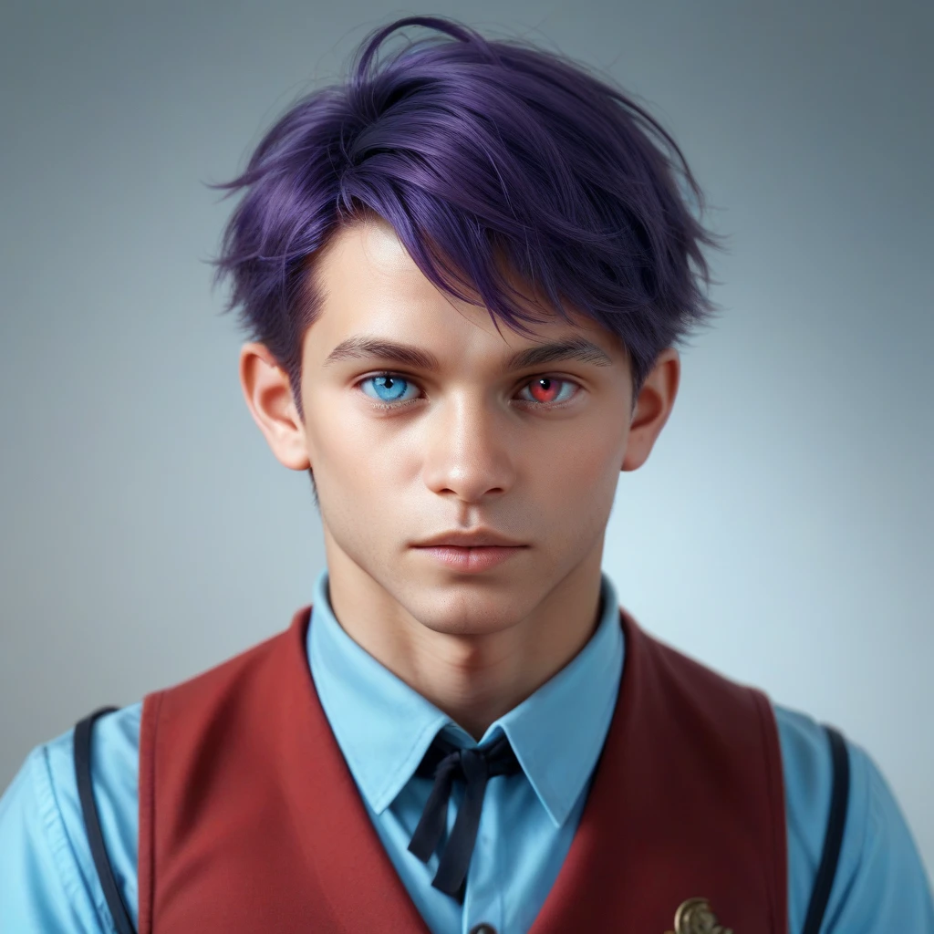 ((((nobackground)))),1boy,standing,  shorthair, dark purple hair, (((heterochromic,red&blue))),vest, blue Clothes,