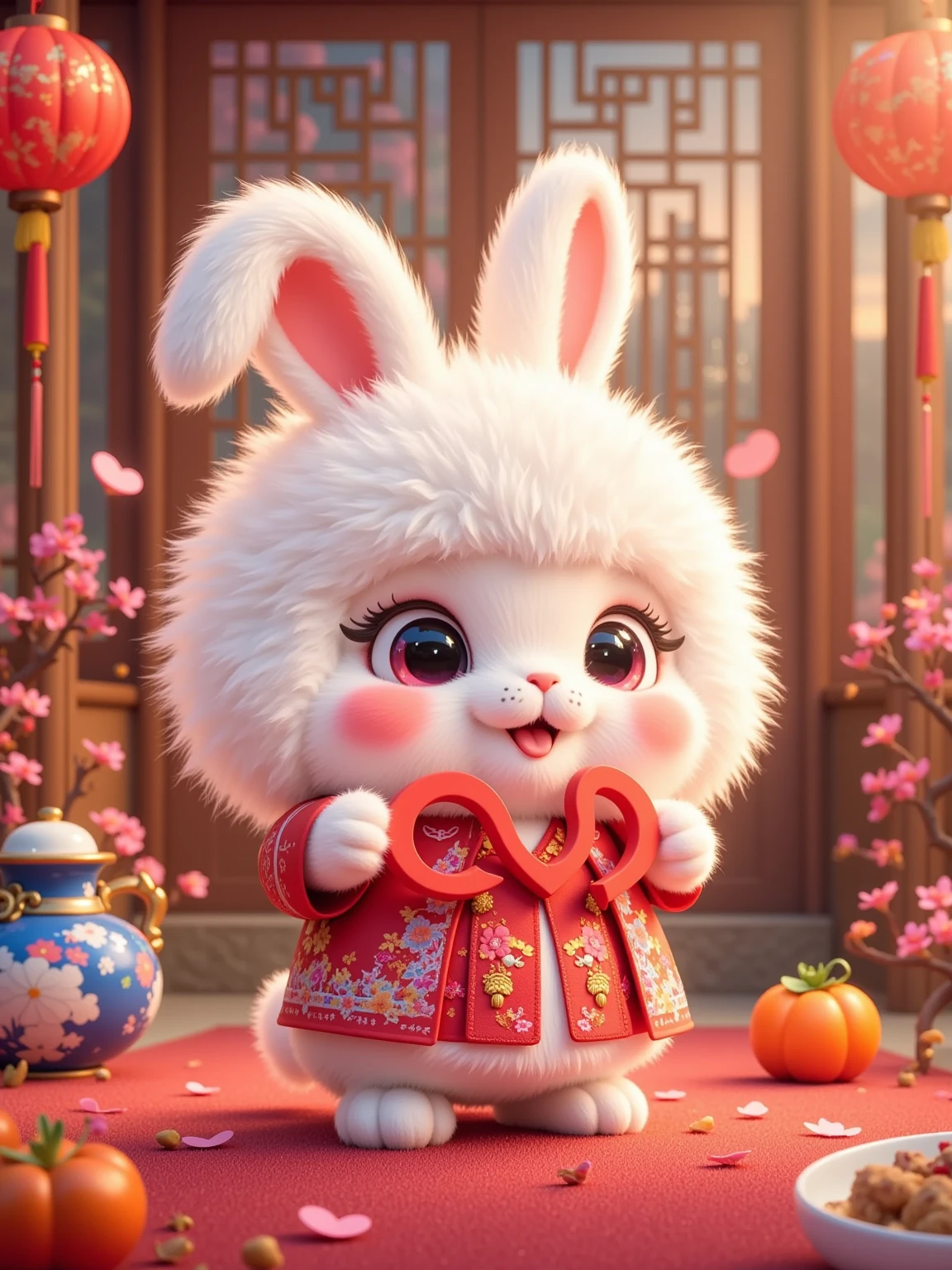 Cute, (little white rabbit), (white fluff), (long ears), with a bright smile, red cheeks, wearing red traditional clothes with white fur trim, and holding big red letters on her chest. The little white rabbit is standing indoors, with a red carpet under his feet and red stickers scattered around. There is a blue and white ceramic pot and an orange persimmon on the left, and an orange persimmon and a white ceramic bowl with food on the right. The background is wooden doors and windows, with red lanterns and paper-cuts hung on the doors and windows. The outline of the building is faintly visible outside the window. The overall color is mainly red, full of a festive New Year atmosphere.