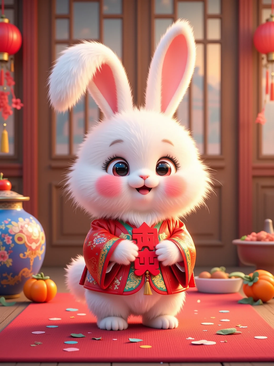 Cute, (little white rabbit), (white fluff), (long ears), with a bright smile, red cheeks, wearing red traditional clothes with white fur trim, and holding big red letters on her chest. The little white rabbit is standing indoors, with a red carpet under his feet and red stickers scattered around. There is a blue and white ceramic pot and an orange persimmon on the left, and an orange persimmon and a white ceramic bowl with food on the right. The background is wooden doors and windows, with red lanterns and paper-cuts hung on the doors and windows. The outline of the building is faintly visible outside the window. The overall color is mainly red, full of a festive New Year atmosphere.