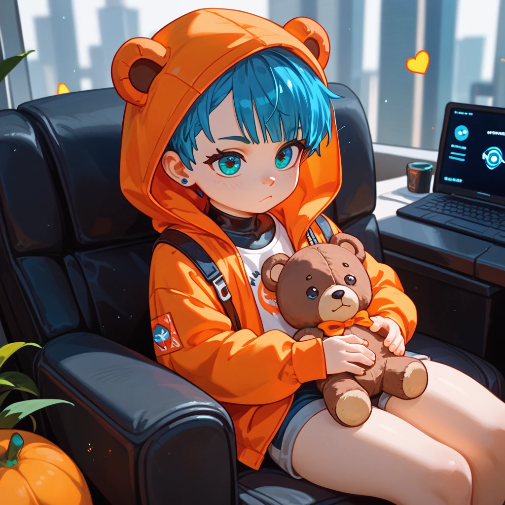 "A young boy with bright blue hair , pixie cut , bright skin, and the soft expression , wearing future clothing. Orange hood .  The boy sitting.  The background is plain black , holding teddy bear , gives full focus to the character of the boy chibi art ."