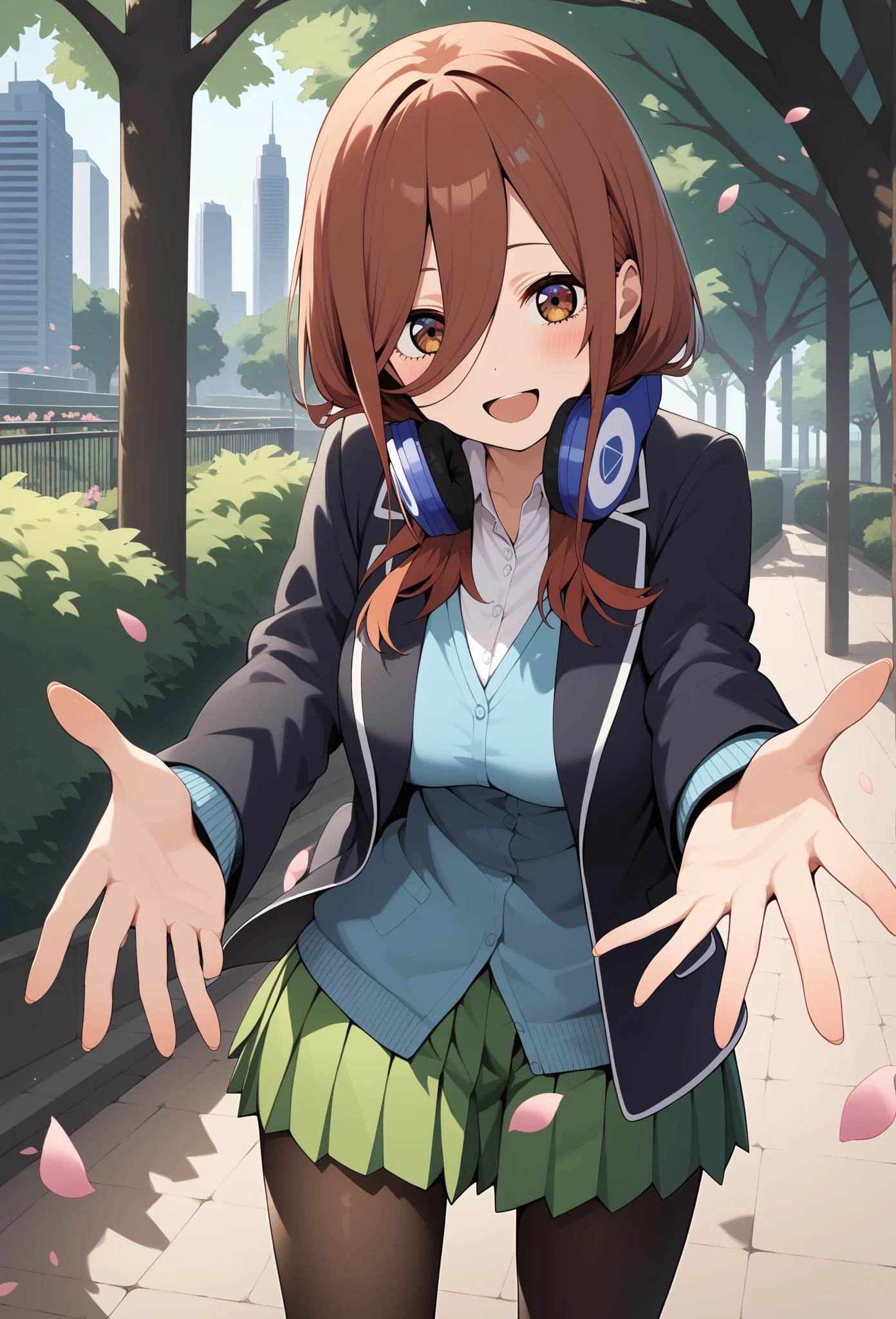 score_9, score_8_up, score_7_up, score_6_up, score_5_up, score_4_up, source_anime, aamiku, long hair, brown hair, brown eyes, headphones, headphones around neck, breasts, white shirt, light blue cardigan, blazer, black jacket, open jacket, long sleeves, pleated skirt, green skirt, black pantyhose, standing, cowboy shot, outdoors, park, city, petals, smile, open mouth, reaching, leaning forward,