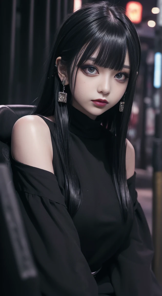 4K Ultra Sharp、Highest quality, masterpiece, Ultra-high resolution, (reality: 1.4),  1 Girl, Grey Eyes, Off-the-shoulder sweater dress, Cinema Lighting、purple and black hair、(Mine Girl、Goth Makeup、Mine Make-up、tatoo)、(Earrings、Small breasts、An oversized black t-shirt with open shoulders、Dark mini skirt)、((Heavy makeup、Oilskin,Glowing Skin、Realistic skin texture、Beautiful skin in every detail、Shiny skin)), Dark downtown at night、Kabukicho、Dark Cyberpunk、(Full Shot:1.8)、Thin legs、Thin arms、Narrow shoulders、Narrow waist、Slender body、whole body