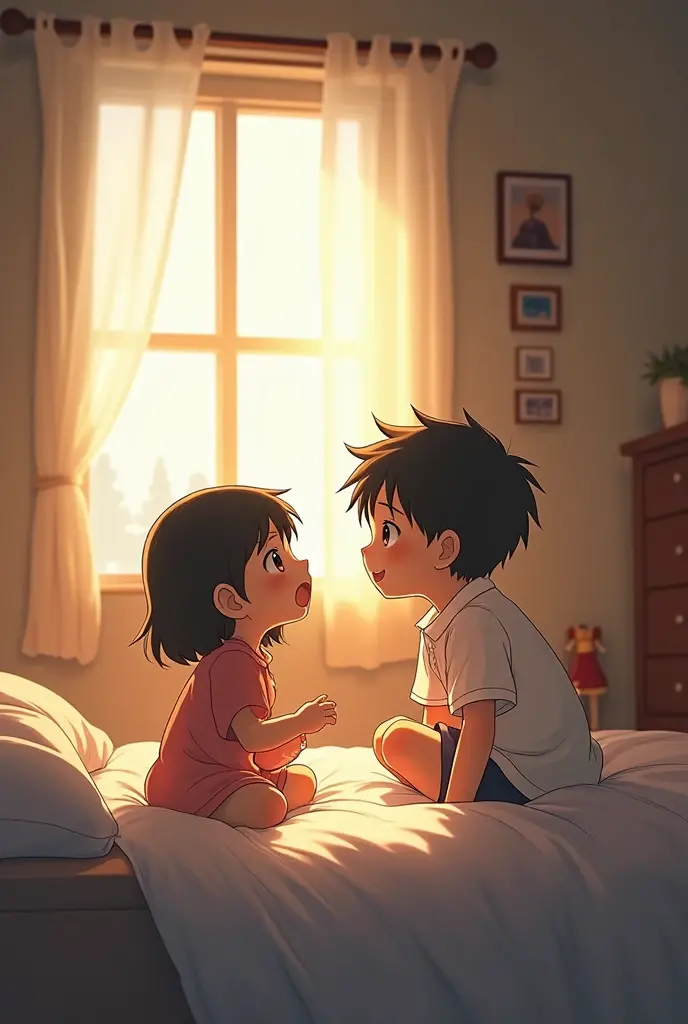 There is a room and a bed in the room, a window left side of the bed, a 18 years girl in black hair white dress sitting on the window, a 18 years boy sitting in the bed, and the background wall is in yellow and painted some red butterfly over the wall, other wall of the room is seagreen color, they are smiling, and the time is afternoon, the girl is actually dead but she came all way along to meet her Freund for the last time,