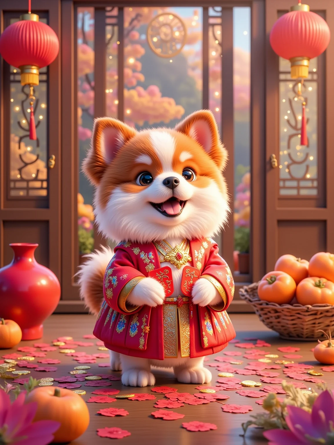 cute puppy, with brown and white fur, erect ears, a bright smile, and a slightly sticking tongue. The puppy is dressed in red traditional clothing with gold patterns and holds two red stickers on its chest. The puppy stands indoors, and the ground is littered with red stickers, golden ingots and orange persimmons. There is a red ceramic vase on the left and a basket filled with persimmons and a red lantern on the right. The background is wooden doors and windows, with red lanterns and paper-cuts hanging on the doors and windows. The outline of the building can be vaguely seen outside the window. The overall color is mainly red and gold, full of festive New Year atmosphere.