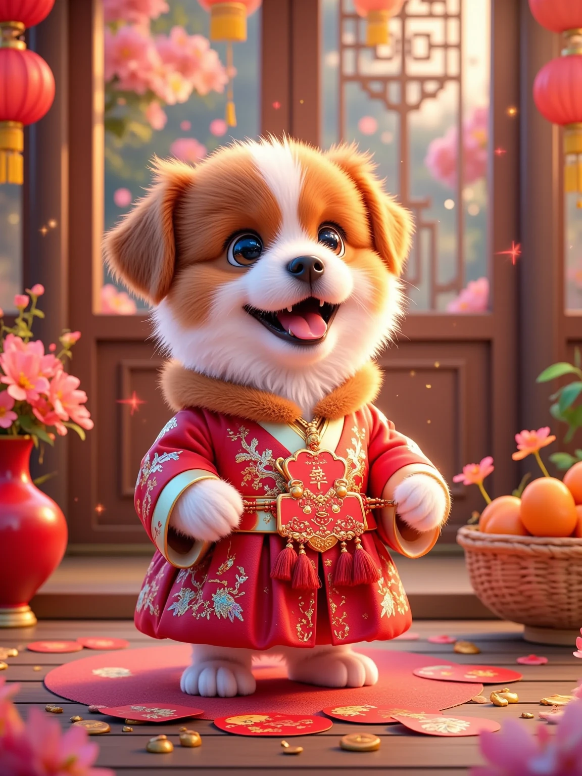 cute puppy, with brown and white fur, erect ears, a bright smile, and a slightly sticking tongue. The puppy is dressed in red traditional clothing with gold patterns and holds two red stickers on its chest. The puppy stands indoors, and the ground is littered with red stickers, golden ingots and orange persimmons. There is a red ceramic vase on the left and a basket filled with persimmons and a red lantern on the right. The background is wooden doors and windows, with red lanterns and paper-cuts hanging on the doors and windows. The outline of the building can be vaguely seen outside the window. The overall color is mainly red and gold, full of festive New Year atmosphere.