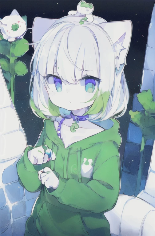 a girl have a ring in her neck with a symbol 🐸 in her head.Whitea girl have a ring in her neck with a symbol 🐸 in her head.She has white cat ears, red eyes and green hair.
