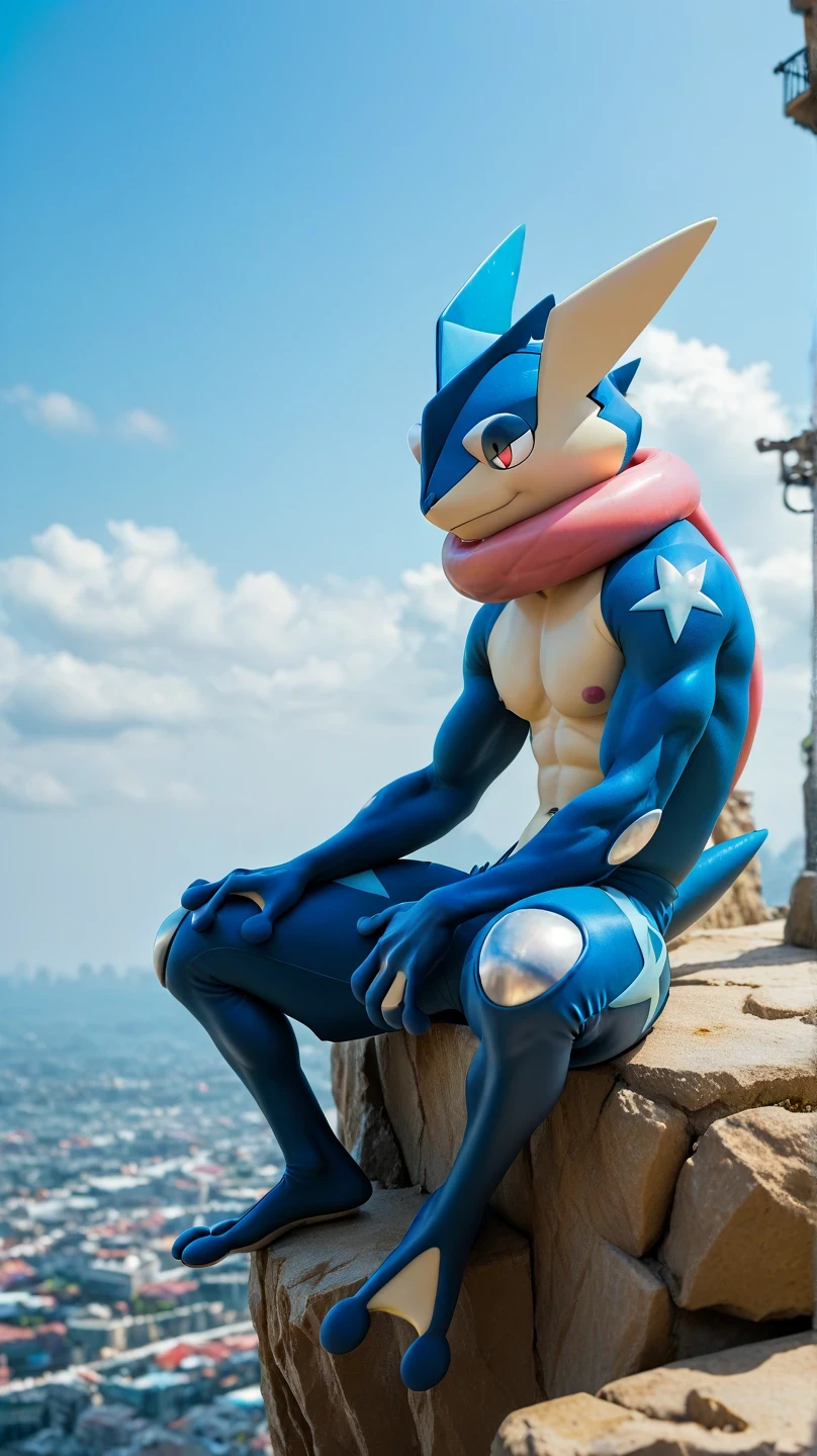 (     masterpiece,      better quality:1.2),alone,greninja male    \(pokemon\),pokemon \(creature\),     full body,         there are no humans,     extended arms    ,      blue skin     ,       pants looking at the spectator ,blue sky,  posture:  on two legs   ,    open legs, husky, husky, salivating,   seductive look  , marked muscles