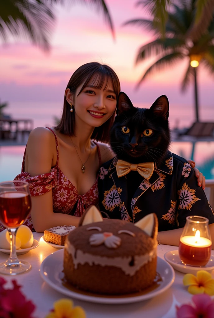 ultra-realistic, photorealistic, dramatic scene, shadow, global-illumination, solo, 1 girl\( 20 years old Japanese beautiful girl, beautiful with cute face, very large breasts, wearing tropical patterned one-piece dress, shoulder-length brown hair, accessories, big smile\), 1 human-like giant black cat\( human-like giant black cat, wearing tropical patterned dark colored aloha-shirt, wearing an aloha-shirt, bow tie, slight taller than the girl, with her, little chubby\), the girl and human-like giant black cat are enjoying their gorgeous dinner desert at the fine pool side restaurant in the luxury resort hotel in Maldives, gorgeous stylish furnishings, famous 5-star hotel, amazing view of the ocean with pool, extremely beautiful sunset, purple and pink sky, many beautiful tropical flowers are floating on the pool, candle, (a cute cat's face shaped large chocolate cake), tea set