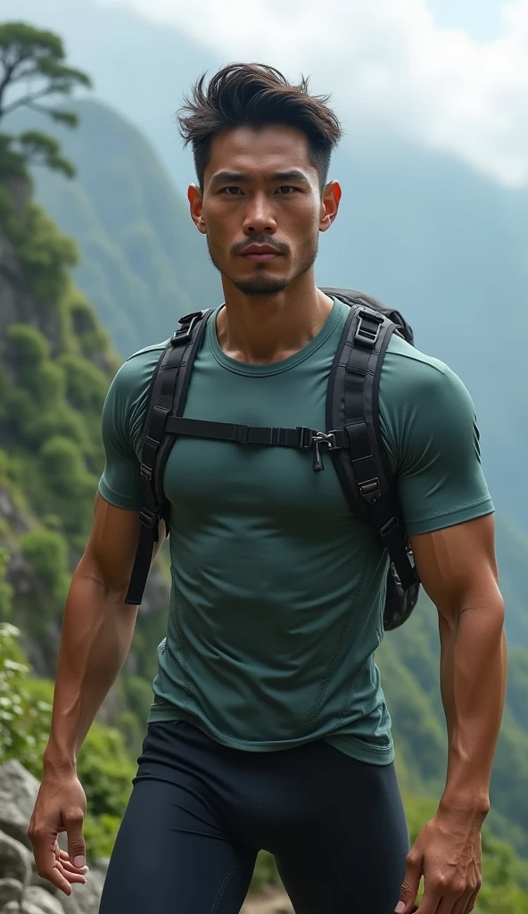 Close-up hyperrealistic photographic artwork, (Powerful male pilot:1.3), Off-center composition, Cyclist's physique detail, (Sleek quiff appearance:1.2), Muscular definition, Dense bamboo forest backdrop, Crowd-filled setting, (Impressive lighting effects:1.2), Realistic shadows, Exquisite detailing in 8k raw quality, Contrasts in hyperrealism, Vivid visual storytelling. <lora:Artistic Image Enhancement v1.0:0.4>