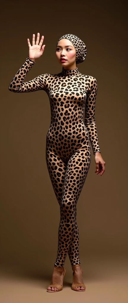 The beautiful,slender thin and clever asian muslimah adult girl with beautiful and shiny cheeks wears leopard print lycra turtleneck unitard catsuit covered with spots and leopard print lycra elastane stretchy dancewear square hijab covered with spots.