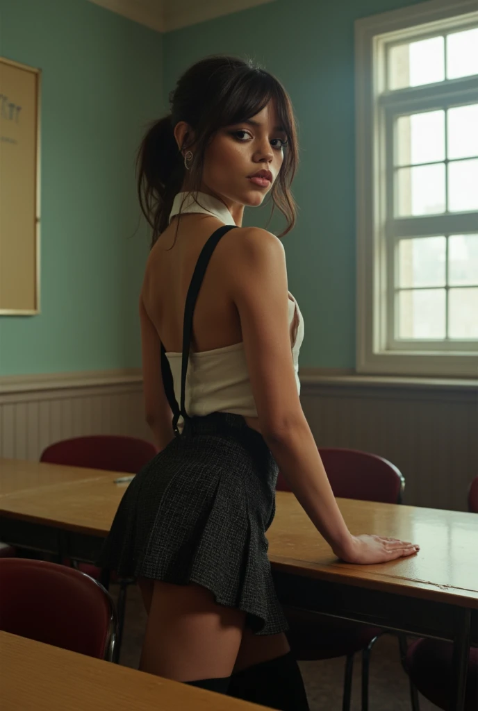 Jenna Ortega as a slutty british school student, classroom setting, leaning seductively on a school table, school uniform skirt hiked up, thigh highs, messy hair, alluring expression, dramatic lighting, cinematic composition, photorealistic, 8k, highly detailed, full body image, looking at viewer, side on to the viewer