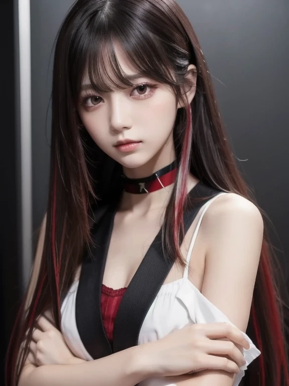  top quality ,  detailed information,  Color Difference,  1 girl,  long hair,  black hair,  messy hair, red highlights,  Hair,  red eyes, Sharp Eye,  choker ,, ,  their four ,  turn my arms around my back , Tie your arms,  