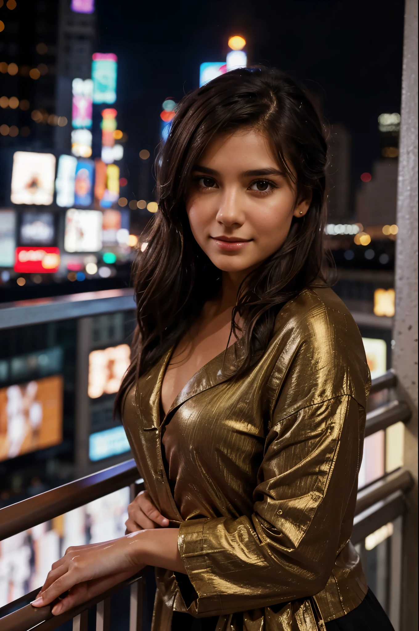 Frame the influencer in a realistic, high-definition image against the backdrop of a city skyline at twilight. Utilize the golden hour lighting to highlight her radiant complexion and chic ensemble. The city lights shimmer in the background, adding a touch of magic to the scene. This award-winning photograph showcases the allure of urban glamour in stunning detail.