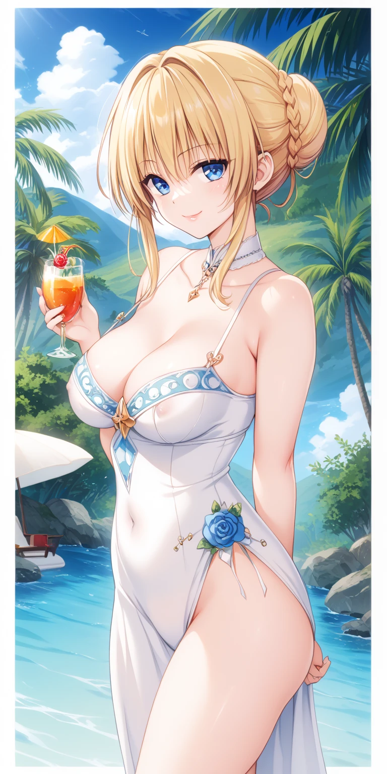  masterpiece, 1 ((Beautiful Wife)),,,  blonde long bun hair,  ,, blue eyes,Adventurer,,  ,Underexposed mage dress , , ,, ,   fantasy style ,(,( :1.4),, ,, Beautiful Body Line ,,((During an adventure date outdoors:1.5)), ((netorare:1.3)),((nipple slip only on one side:1.4)),((Cuddle up close and in close contact:1.5)), breasts during cleavage:1.4, ,  is seductive, erotic, and smirks, red face:1.3,,,light pink lips,Hang a wow ♡