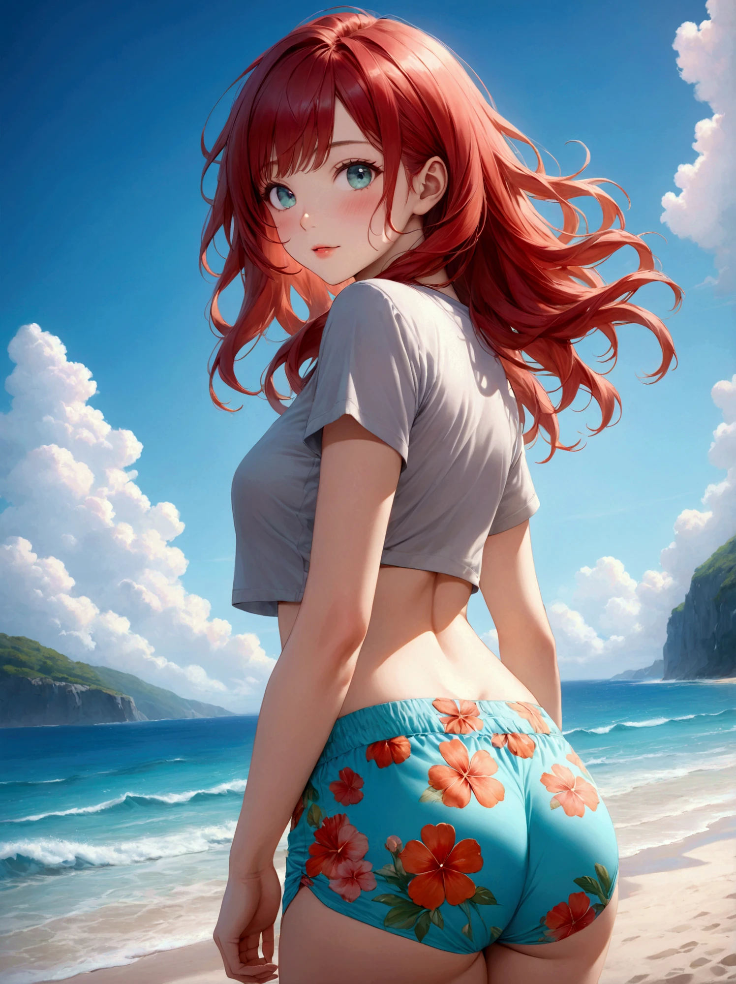 red hair, straight hair, wet hair, jewelry, eye reflection, star-shaped pupils, (perfect aqua blue eyes), one eye closed, evil smile, smug, tsundere, red lips, cheek-to-cheek, cinematic lighting, chromatic aberration, god rays, ray tracing, motion blur, drop shadow, angle from behind, Eye-Level Shot, UHD, masterpiece, high details, high quality, best quality, highres, 16k, ((perfectly curvacious ass)), (detailed pupils), ((thick perfect thighs)), beautifully detailed pupils, (((casual clothing))), denim jeans, calm sunny neighbourhood, daytime ((firey detailed eyes)), beautiful dark pupils