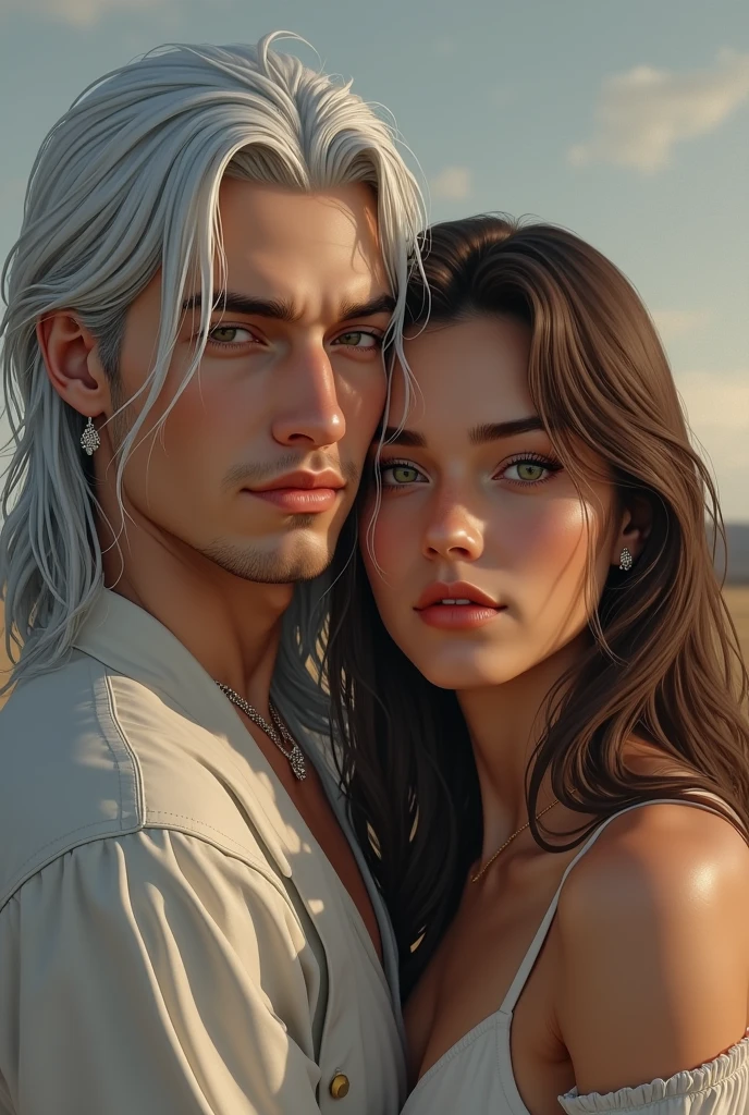 ((realistic)), (masterpiece), (5K), (best quality), 2d Couple, ((a young gray hair couple)), ((a gray long hair woman , vivid eyes, small boobs, red dress)), brown eyes, ultra well detailed eyes, ((a short gray hair guy, wearing a prince cloth, royal clothes)),((a man with a short hair)), beautiful couple pose, (summer night walk),((perfect eyes))