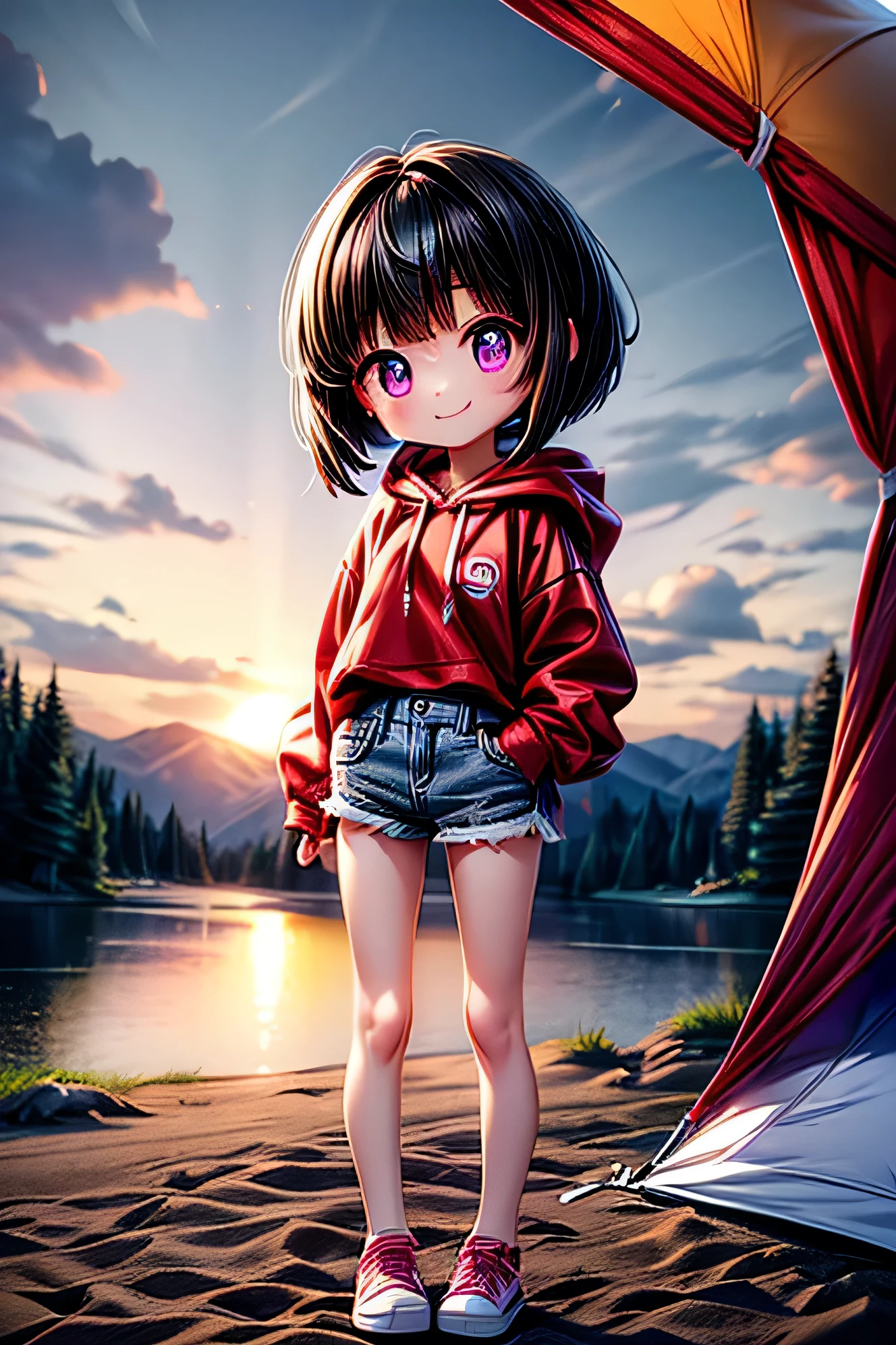 An anime-style girl is standing at a campsite with the first sunrise of the year in the background.
She is holding a basketball and smiling in front of a red round camping tent.

She has a neatly trimmed bob haircut with sideburns , flowing black hair and violet eyes,White, Slender Legs and a Slim Waist .

She is wearing blue jeans and a red hoodie.