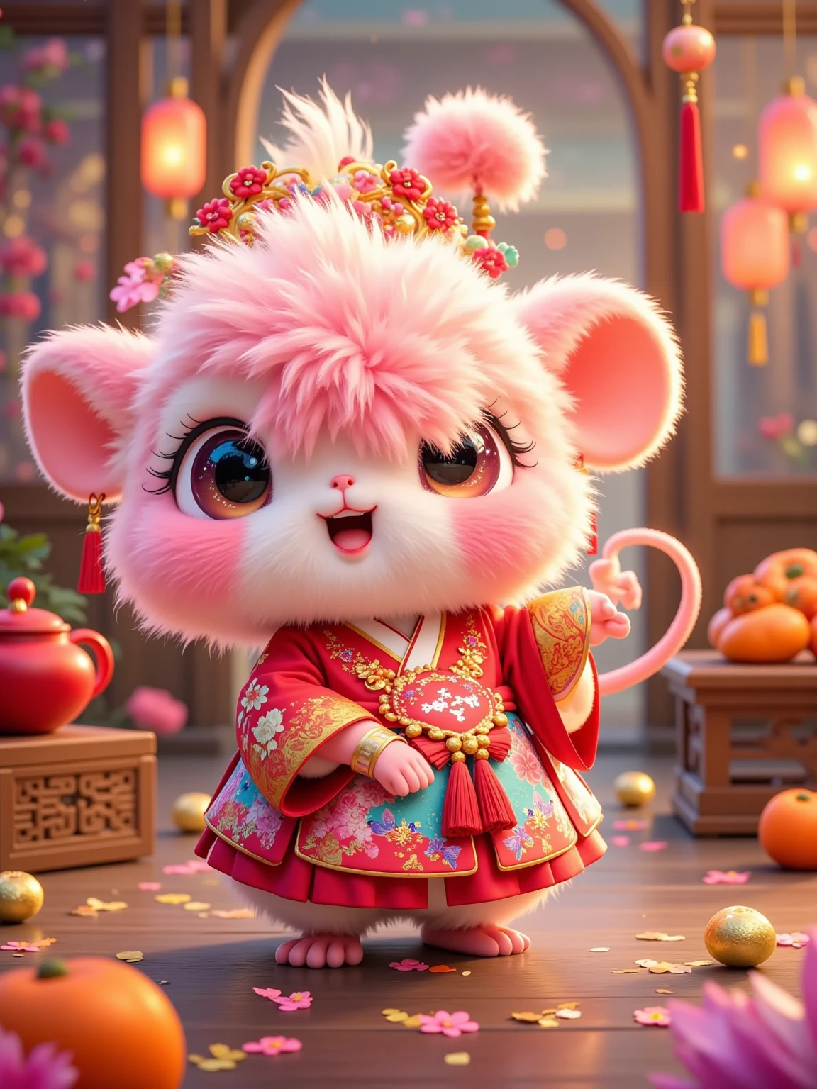 A cute anthropomorphic little mouse，Pink fur，Wearing a furry white double-eared hat，There is a colorful pompom on the top of the hat。The little mouse has a bright smile，Big and bright eyes，Wearing red traditional costumes with golden patterns，Holding a red blessing bag with the word "Fu" on the chest。The little mouse is standing indoors，Red "Fu" stickers scattered on the ground、Golden ingots and orange persimmons。There is a wooden box with persimmons and a red teapot on the left，Persimmons on the right、Red lanterns and golden fish-shaped ornaments。The background is wooden doors and windows，Red pepper strings and "Fu" paper-cuts are hung on the doors and windows，Outside the window there is the outline of a building， The overall color is dominated by red and gold ，Full of the festive atmosphere of the New Year。