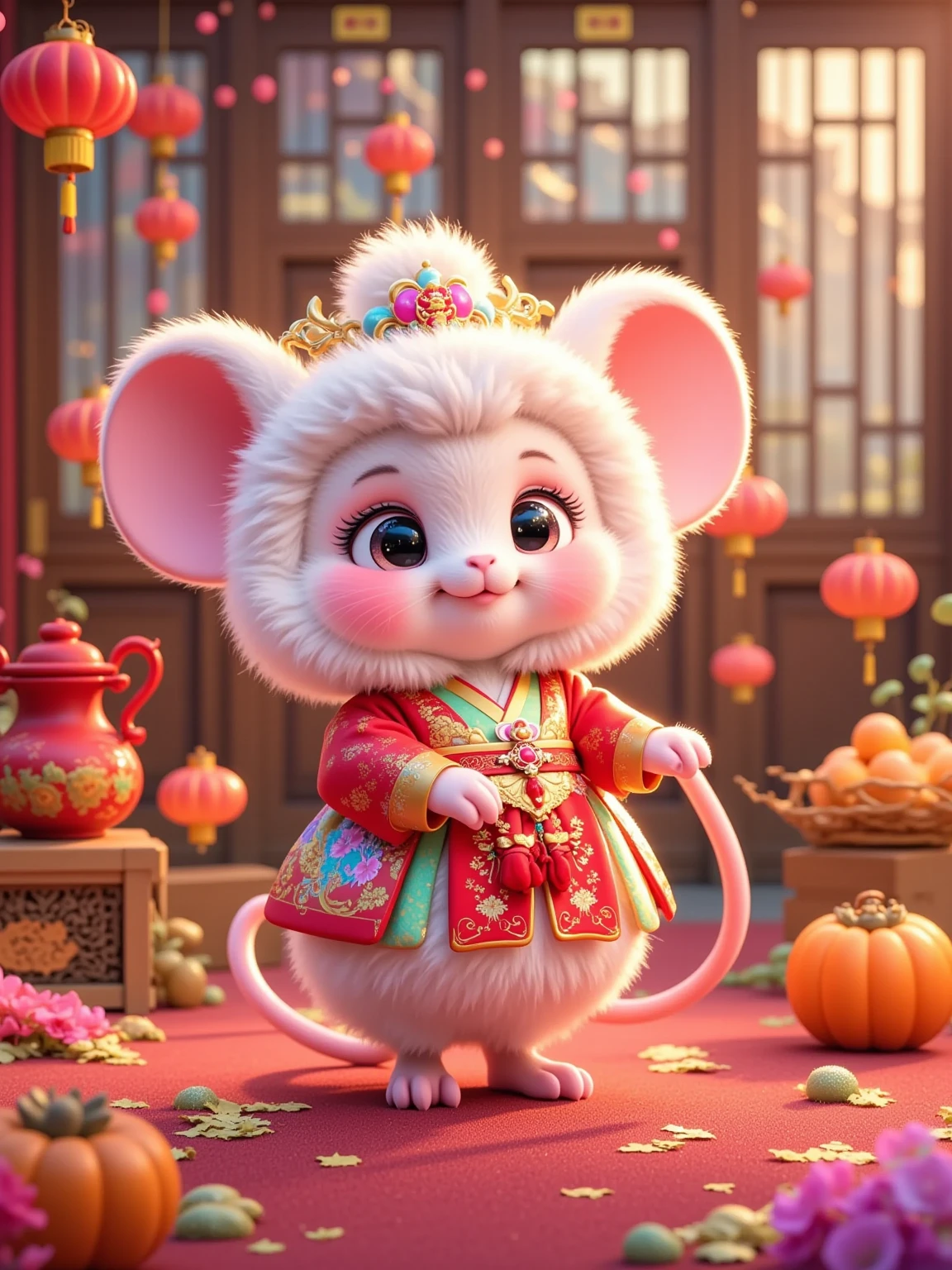 A cute anthropomorphic little mouse，Pink fur，Wearing a furry white double-eared hat，There is a colorful pompom on the top of the hat。The little mouse has a bright smile，Big and bright eyes，Wearing red traditional costumes with golden patterns，Holding a red blessing bag with the word "Fu" on the chest。The little mouse is standing indoors，Red "Fu" stickers scattered on the ground、Golden ingots and orange persimmons。There is a wooden box with persimmons and a red teapot on the left，Persimmons on the right、Red lanterns and golden fish-shaped ornaments。The background is wooden doors and windows，Red pepper strings and "Fu" paper-cuts are hung on the doors and windows，Outside the window there is the outline of a building， The overall color is dominated by red and gold ，Full of the festive atmosphere of the New Year。