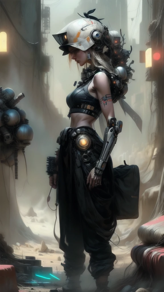 1 desert princess, Solo, Colorful, Yellow Eyes, Cyberpunk, Mechanical Scrap Zone, sur un roché couleur noir, Stud Earrings, Long Messy White Hair, Mechanical Hat, Mechanical Body, Robotic Arm, Mecha, Robot, Mechanical Maiden, Neon Lights, Beautiful Lights, Character Focus, CG Illustration, Bust Shot, 8k Resolution, Very Detailed, Anatomically Correct, Digital Painting, Concept Art, Clear Picture