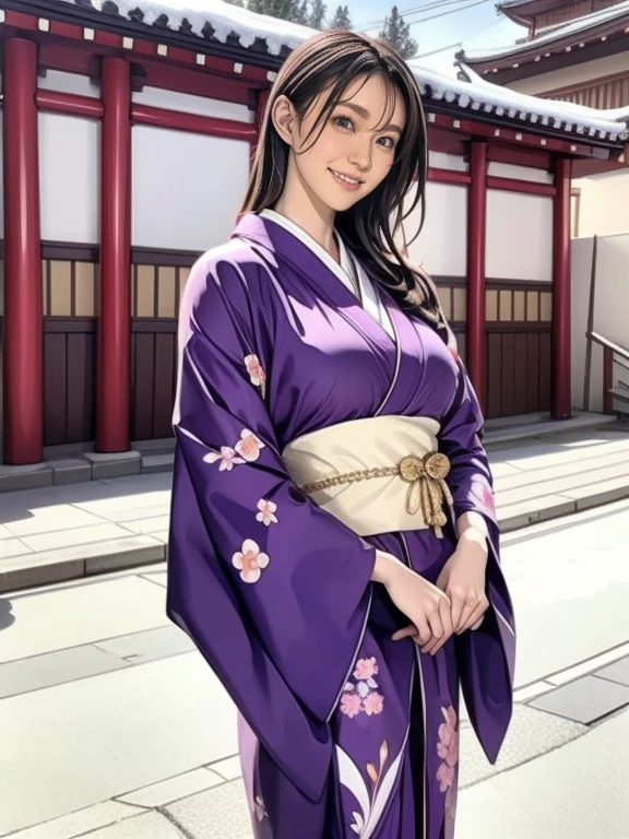  A beautiful Japanese woman is wearing a kimono on New Year's Day. (Kimono purple 、Triangular handle: 1.3), ( dynamic poses that invite sexual activity), ( is standing), (smile), ( background snow scene of Kaminarimon in Asakusa: 1.3), To celebrate the new year .   to express the elegance of the outfit and the serenity of the holiday、The background must be a soft color .