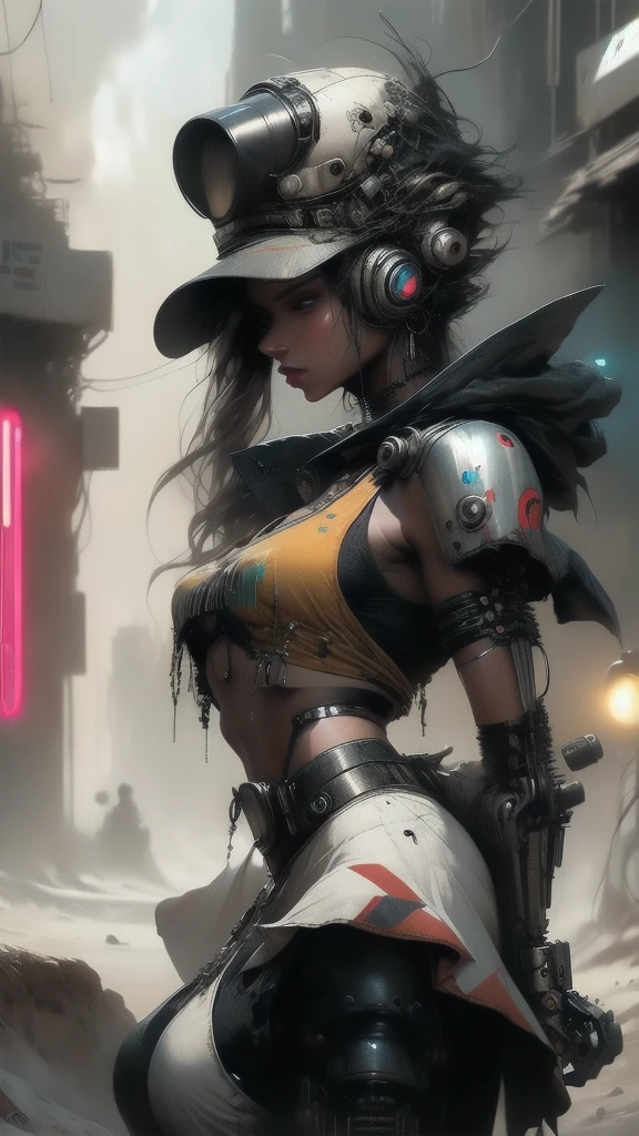 1 desert princess, Solo, Colorful, Yellow Eyes, Cyberpunk, Mechanical Scrap Zone, sur un roché couleur noir, Stud Earrings, Long Messy White Hair, Mechanical Hat, Mechanical Body, Robotic Arm, Mecha, Robot, Mechanical Maiden, Neon Lights, Beautiful Lights, Character Focus, CG Illustration, Bust Shot, 8k Resolution, Very Detailed, Anatomically Correct, Digital Painting, Concept Art, Clear Picture