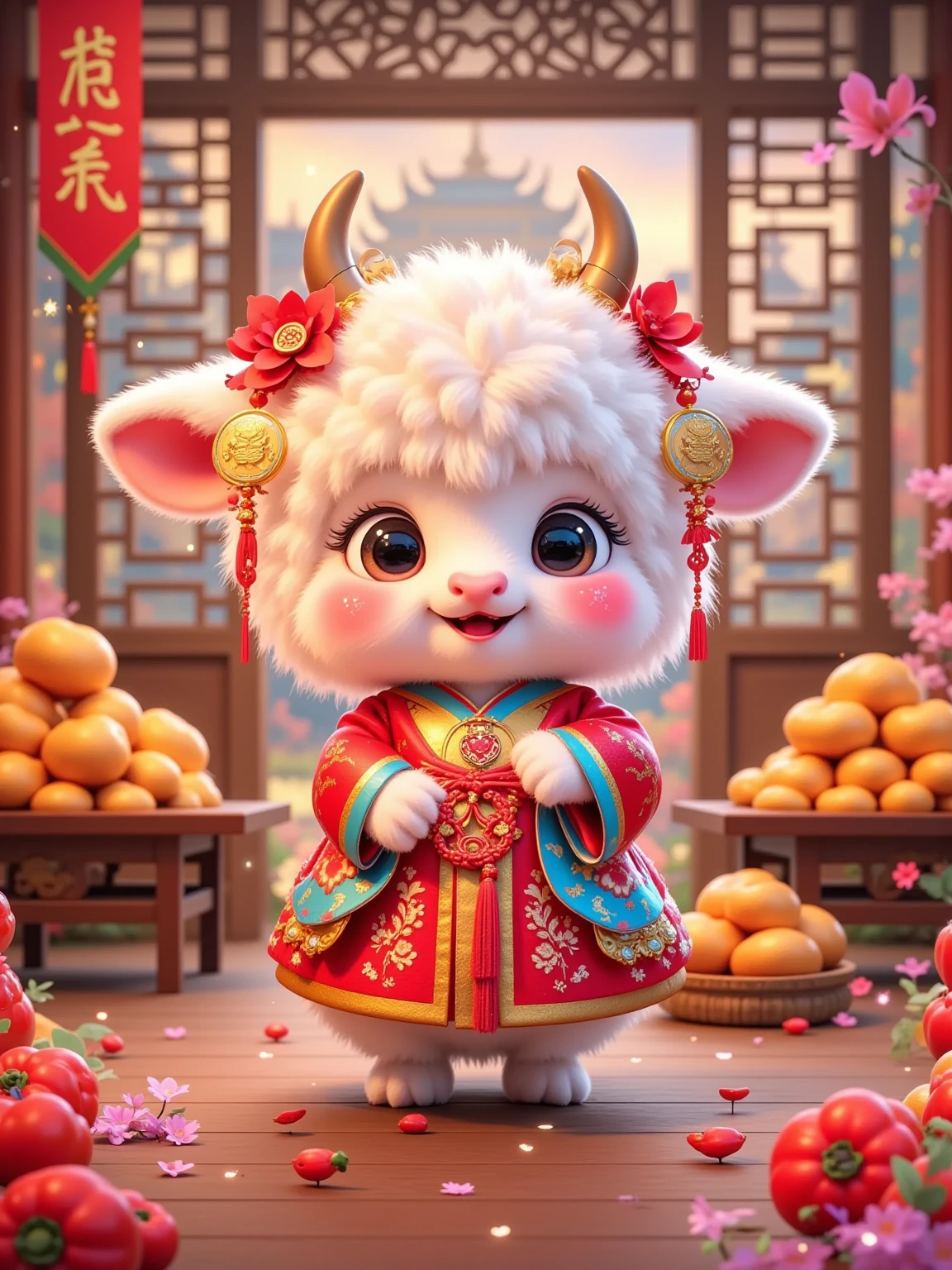 Adorable anthropomorphic calf ， in a traditional red New Year costume with a gold pattern，Standing indoors ，With a big smile on your face， Hands holding up a red “blessing” Spring Festival couplets 。 The background is a window with a Chinese window ， There is an outline of an ancient building outside the window 。 There are several golden ingots in the room ，Some are stacked ，Some are in a tray， and red persimmons scattered 。 with ornaments made of red peppers and green leaves hanging on both sides of the window ， There are red fish-shaped ornaments on the bottom ， Red “blessing” stickers scattered around ， The overall color is dominated by red and gold ， filled with a festive atmosphere of the Lunar New Year 。